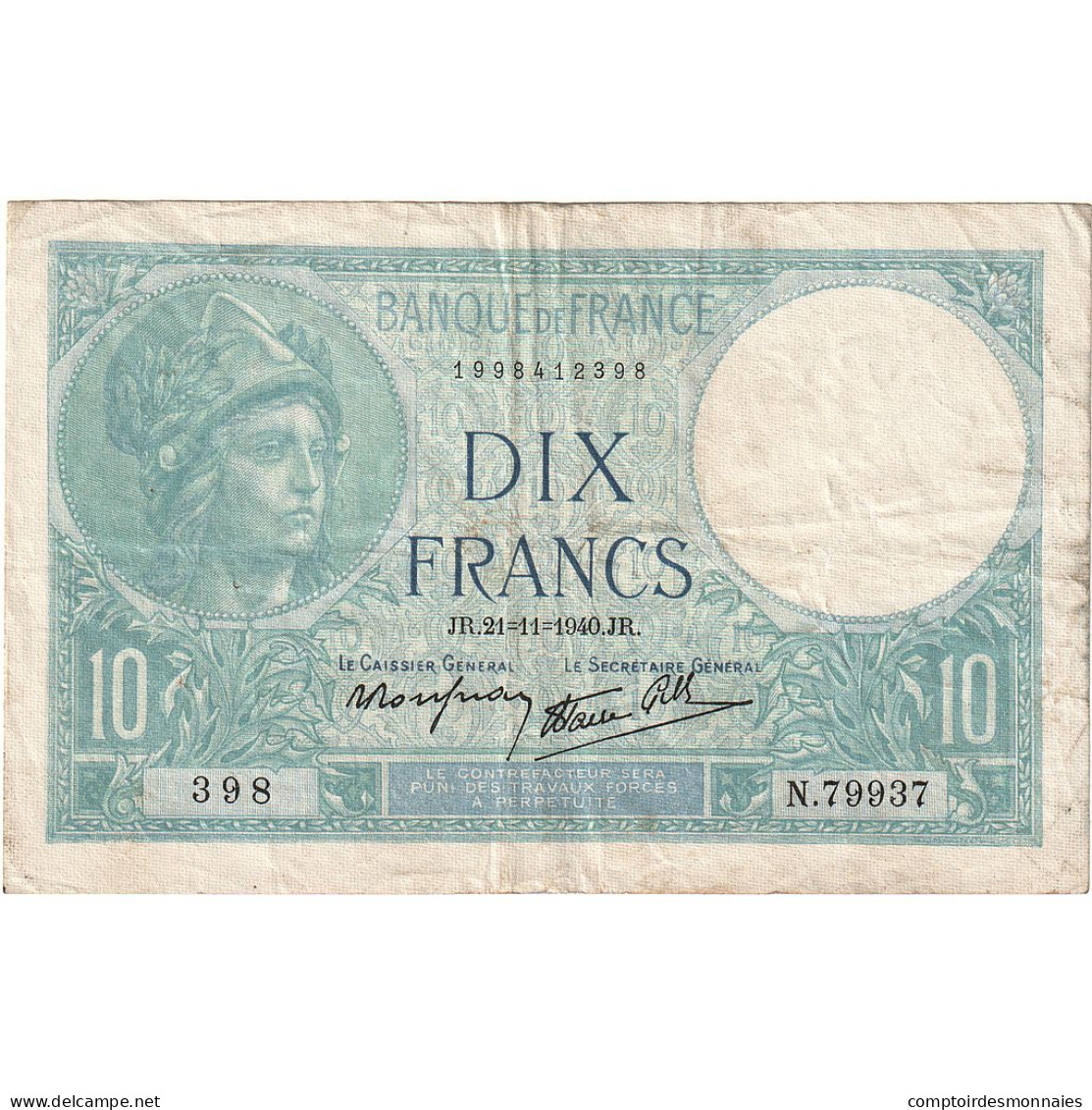 France, 10 Francs, Minerve, 1940, N.79937, TB, Fayette:07.21, KM:84 - 10 F 1916-1942 ''Minerve''