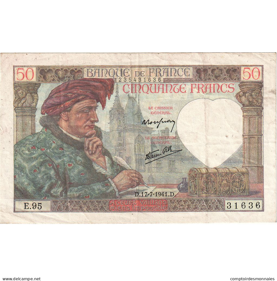 France, 50 Francs, Jacques Coeur, 1941, E.95, TTB, Fayette:19.12, KM:93 - 50 F 1940-1942 ''Jacques Coeur''