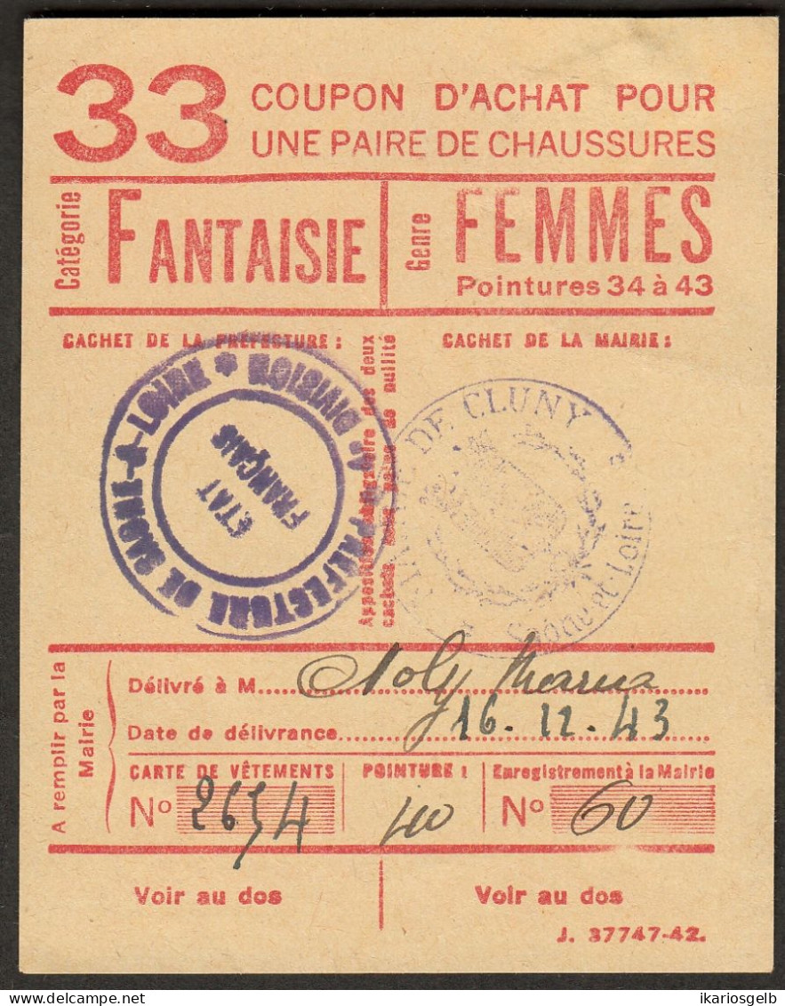 Coupon D'achat 1943 Cluny ( Saone-et-Loire ) " Chaussures Fantaisie Pour Femmes  " Carte Ravitaillement - Fictifs & Spécimens