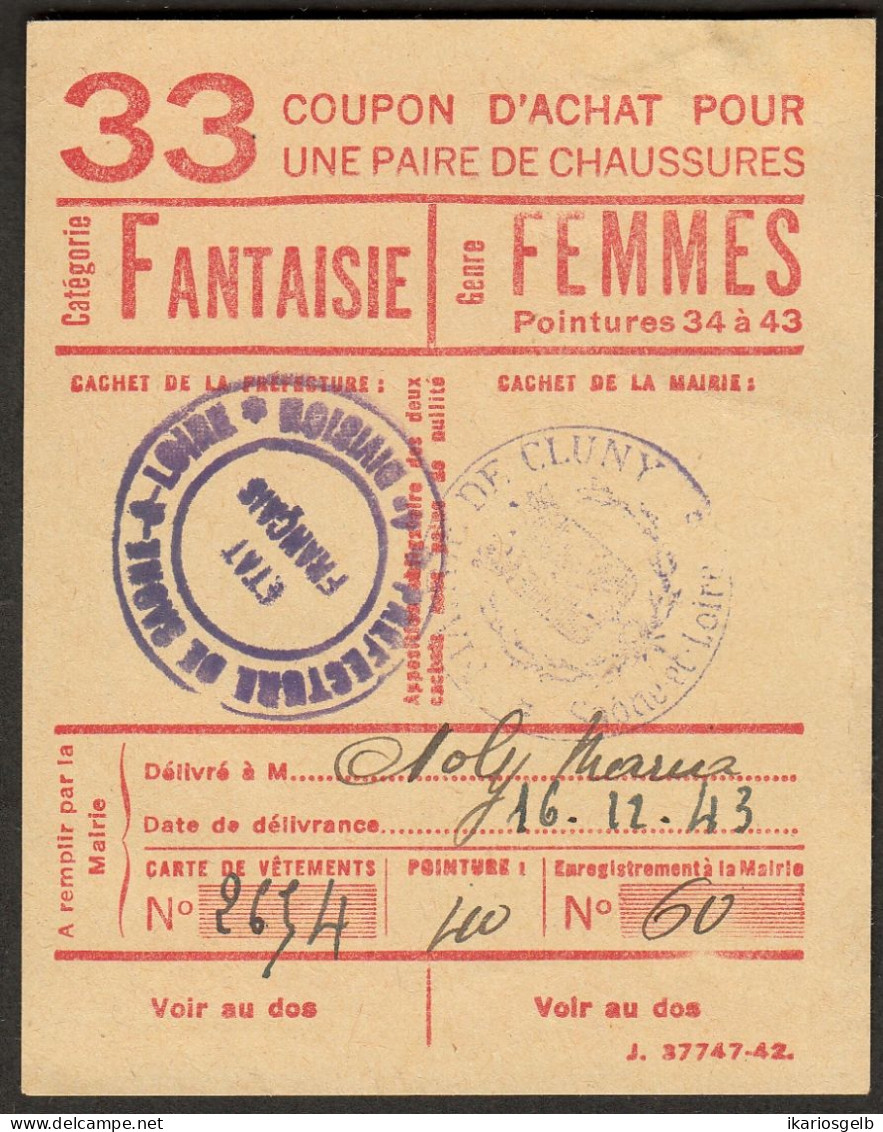 Coupon D'achat 1943 Cluny ( Saone-et-Loire ) " Chaussures Fantaisie Pour Femmes  " Carte Ravitaillement - Fiktive & Specimen