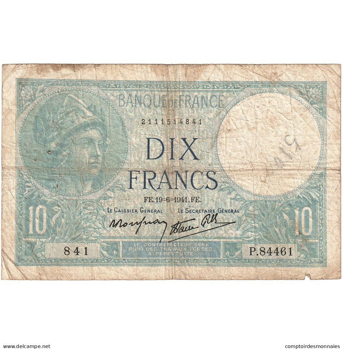 France, 10 Francs, Minerve, 1941, P.84461, B, Fayette:07.29, KM:84 - 10 F 1916-1942 ''Minerve''