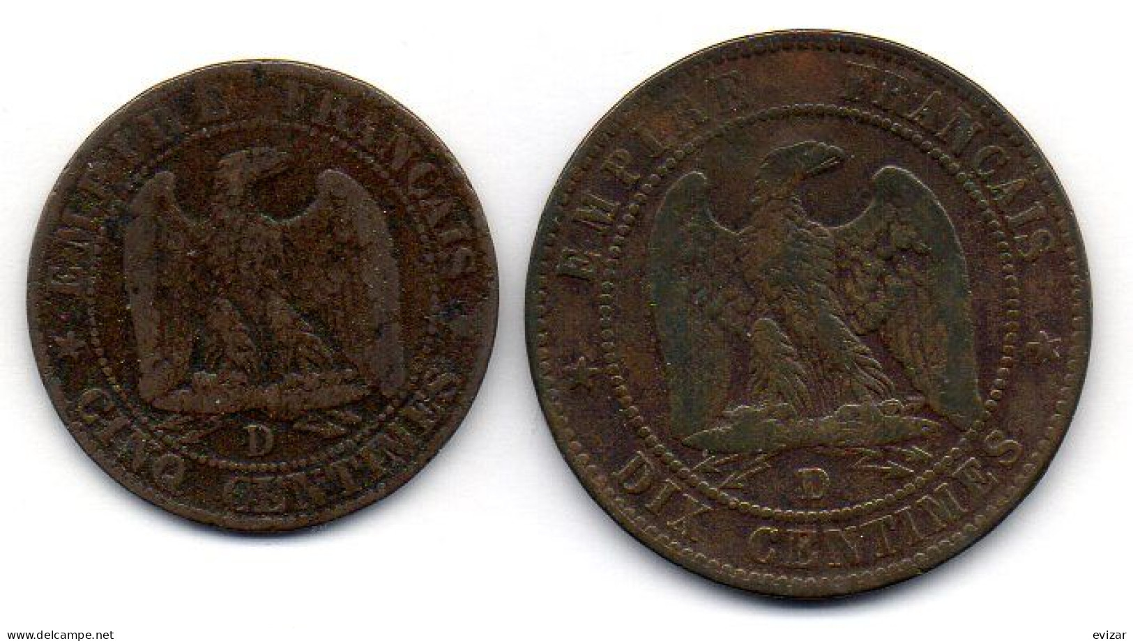 FRANCE, Set Of Two Coins 5, 10 Centimes, Bronze, Year 1854-D, 1853-D,  KM # 777.4, 771.4 - Otros & Sin Clasificación