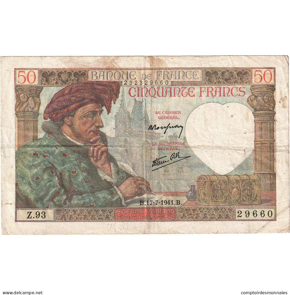 France, 50 Francs, Jacques Coeur, 1941, Z.93, TB, Fayette:19.12, KM:93 - 50 F 1940-1942 ''Jacques Coeur''