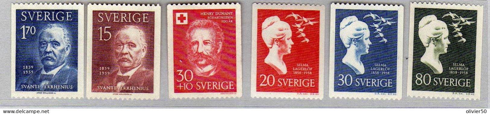 Suede - (1958-59) -  Physicien Arrhenius - Dunant -  Ecrivain Selma Lagerhof - Neufs** - MNH - Unused Stamps