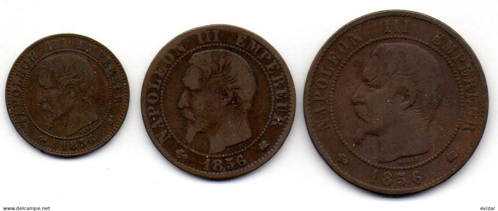 FRANCE, Set Of Three Coins 2, 5, 10 Centimes, Bronze, Year 1856-K,  KM # 776.5, 777.5, 771.5 - Other & Unclassified