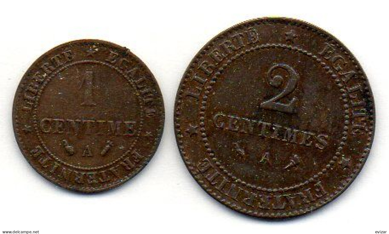 FRANCE, Set Of Two Coins 1, 2 Centimes, Bronze, Year 1892-A, 1897-A,  KM # 826.1, 827.1 - Sonstige & Ohne Zuordnung