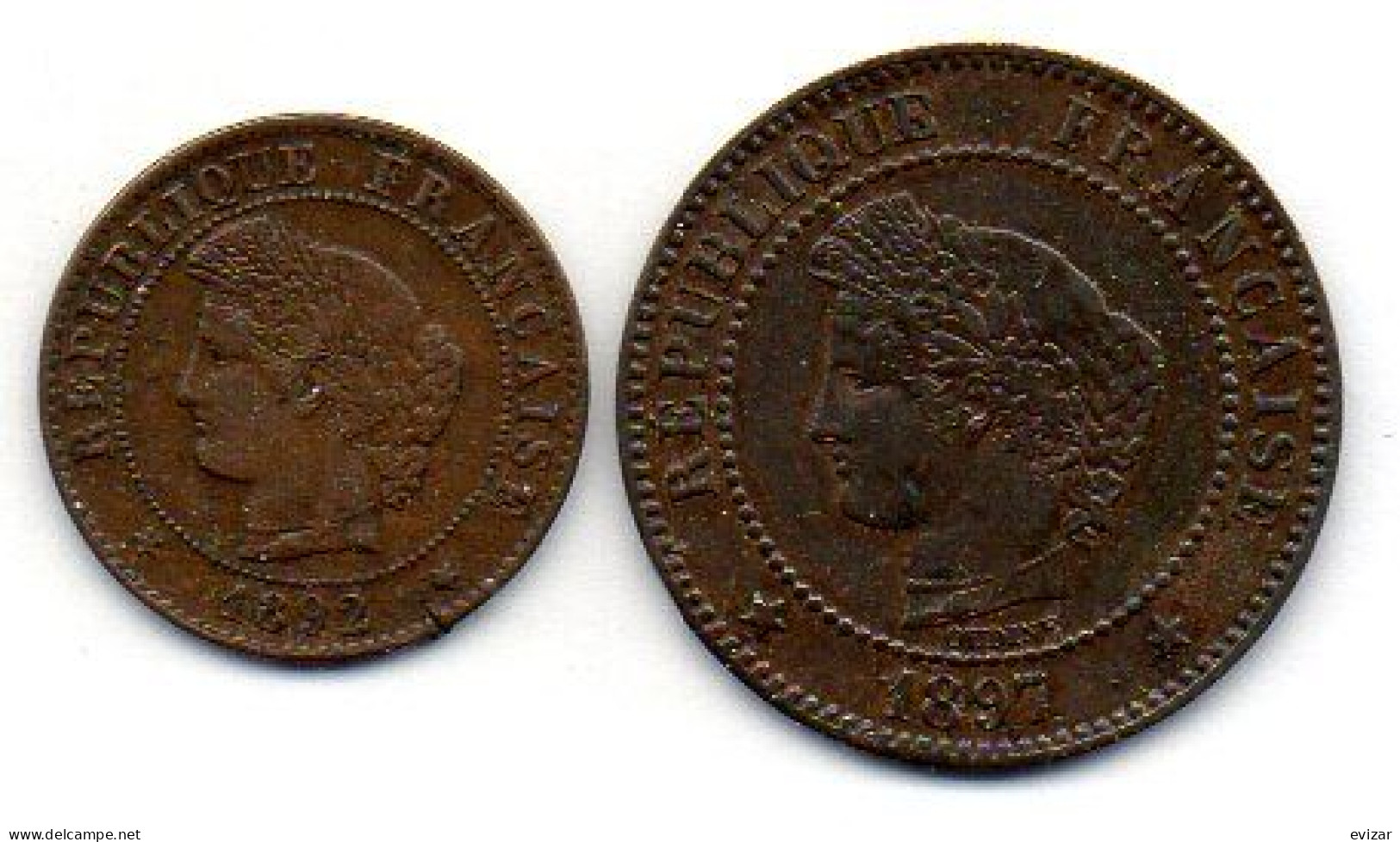 FRANCE, Set Of Two Coins 1, 2 Centimes, Bronze, Year 1892-A, 1897-A,  KM # 826.1, 827.1 - Autres & Non Classés