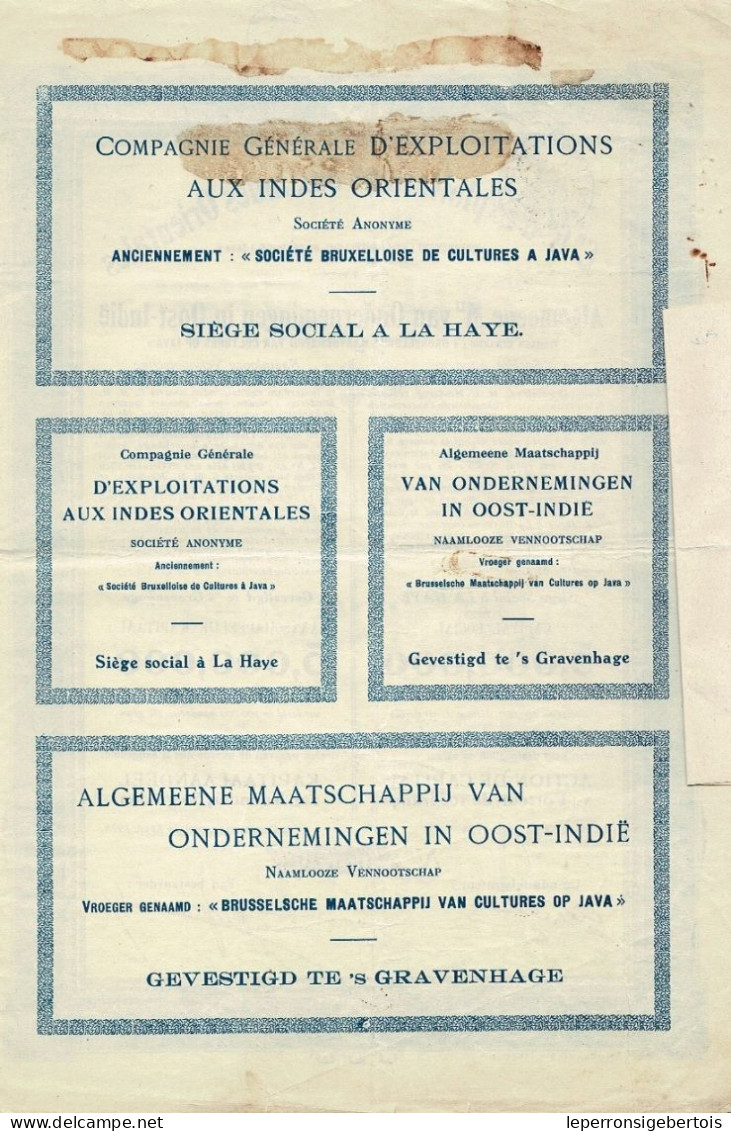 Titre De 1924 - Cie D'Exploitations Aux Indes Orientales - Anciennement Sté Bruxelloise De Cultures à Java - - Asia
