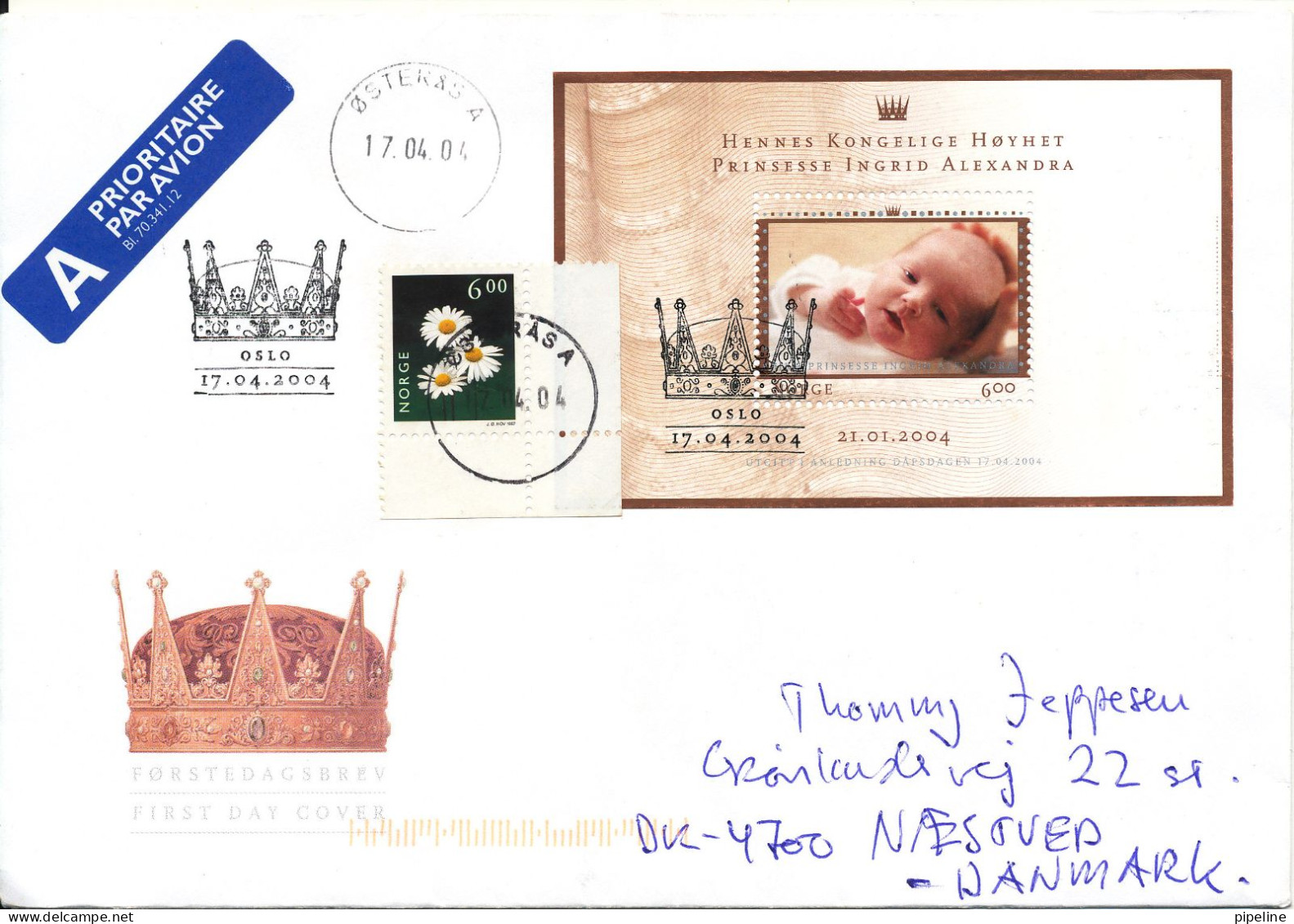 Norway FDC Prinsesse Ingrid Alexandra Born 21-1-2004 Baptized 17-4-2004 Uprated And Sent To Denmark - FDC