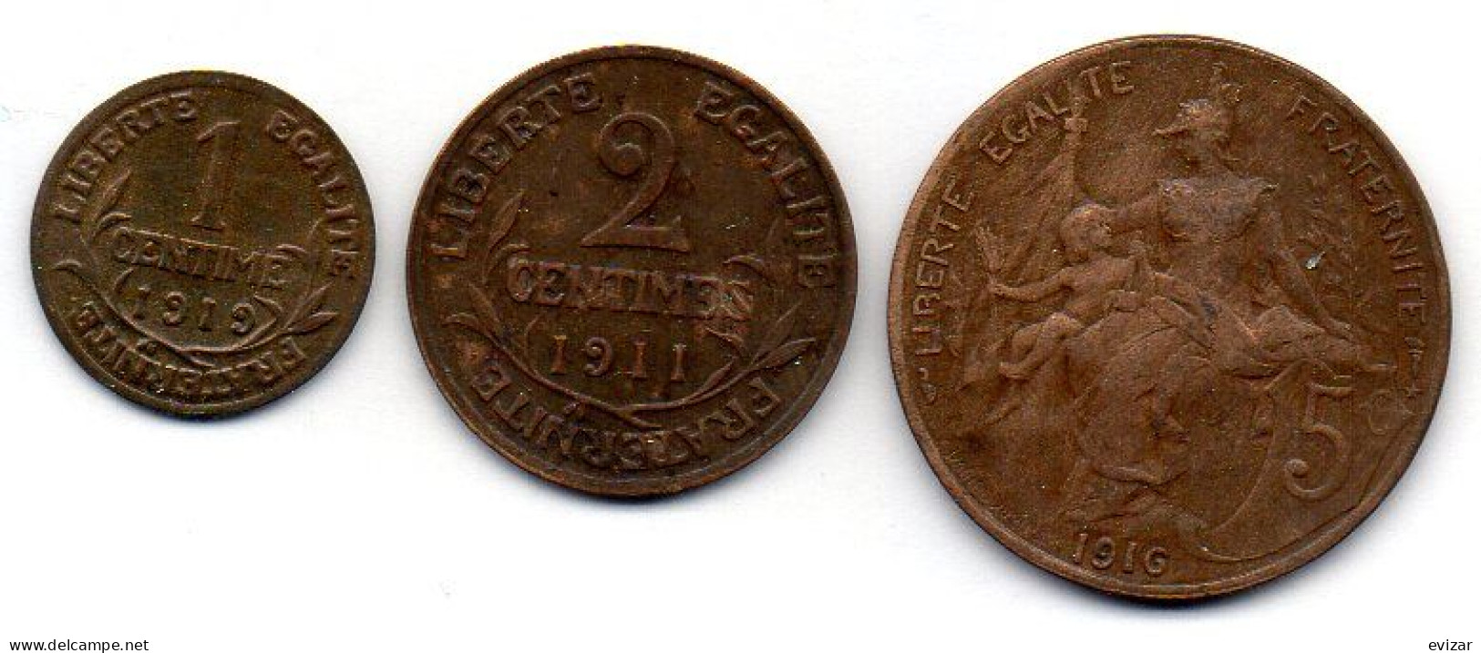 FRANCE, Set Of Three Coins 1, 2, 5 Centimes, Bronze, Year 1919, 1911, 1916,  KM # 840, 841, 842 - Altri & Non Classificati