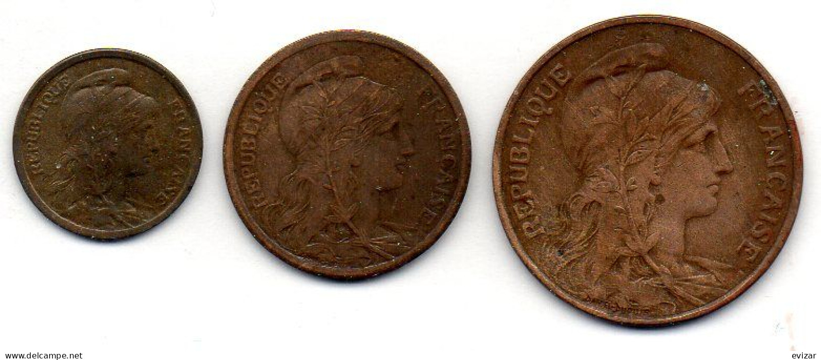 FRANCE, Set Of Three Coins 1, 2, 5 Centimes, Bronze, Year 1919, 1911, 1916,  KM # 840, 841, 842 - Other & Unclassified