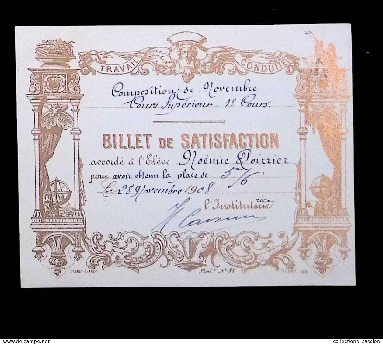 Billet De Satisfaction, Cours Supérieur, 1908 - Diplomi E Pagelle