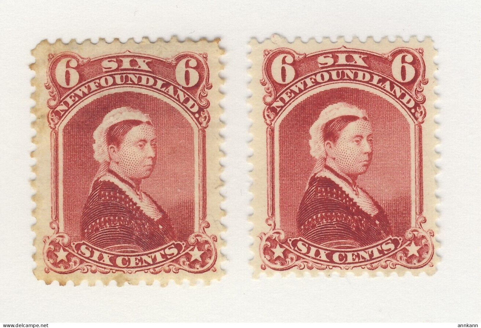 2x Newfoundland Stamps #36-6c Queen Victoria MHR MNG F/VF Guide Value = $80.00 - 1857-1861