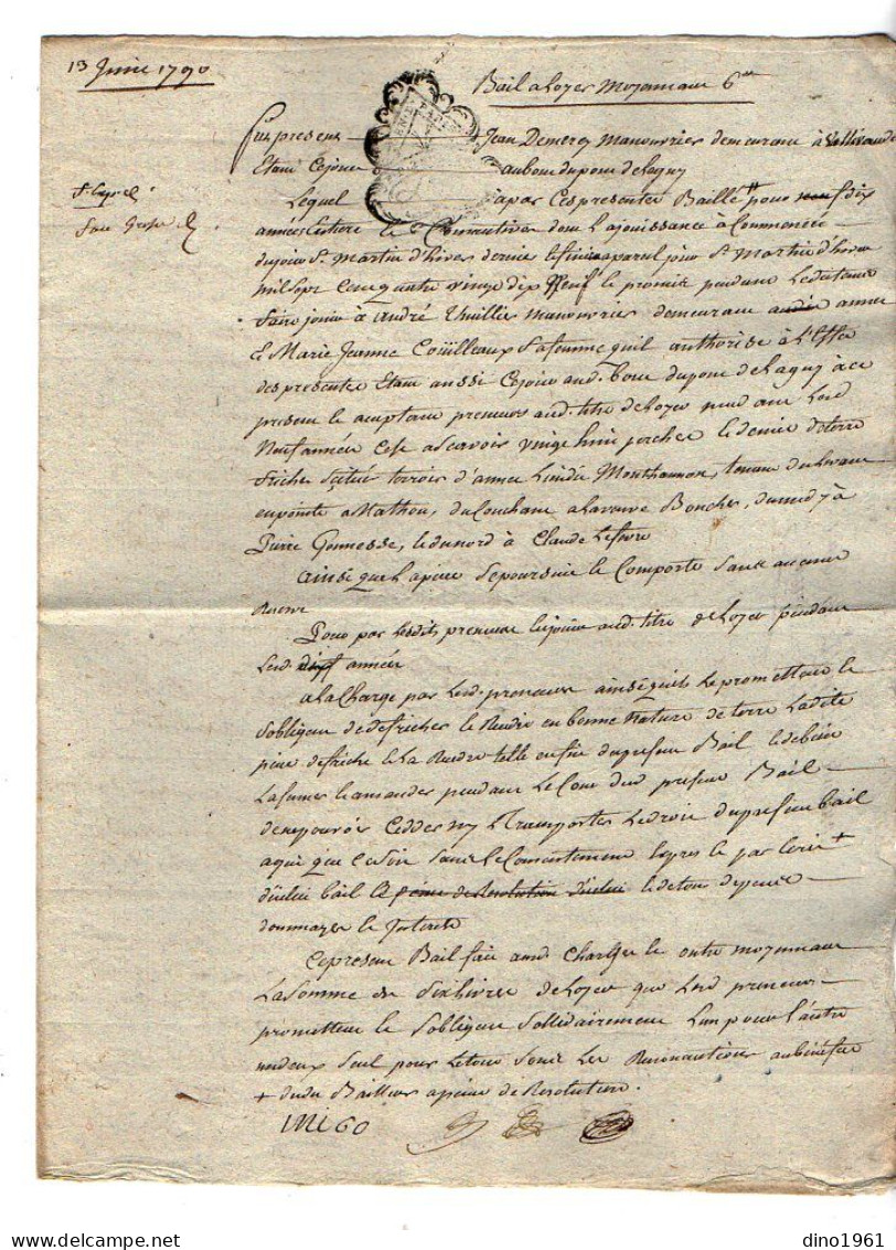 VP22.972 - Cachet De Généralité De PARIS / LAGNY - Acte De 1790 - Bail - VILLEVAUDE ..... - Algemene Zegels