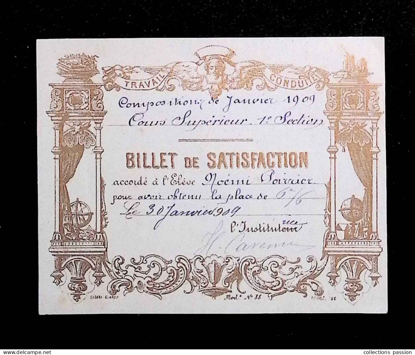Billet De Satisfaction, Cours Supérieur, 1909 - Diplômes & Bulletins Scolaires