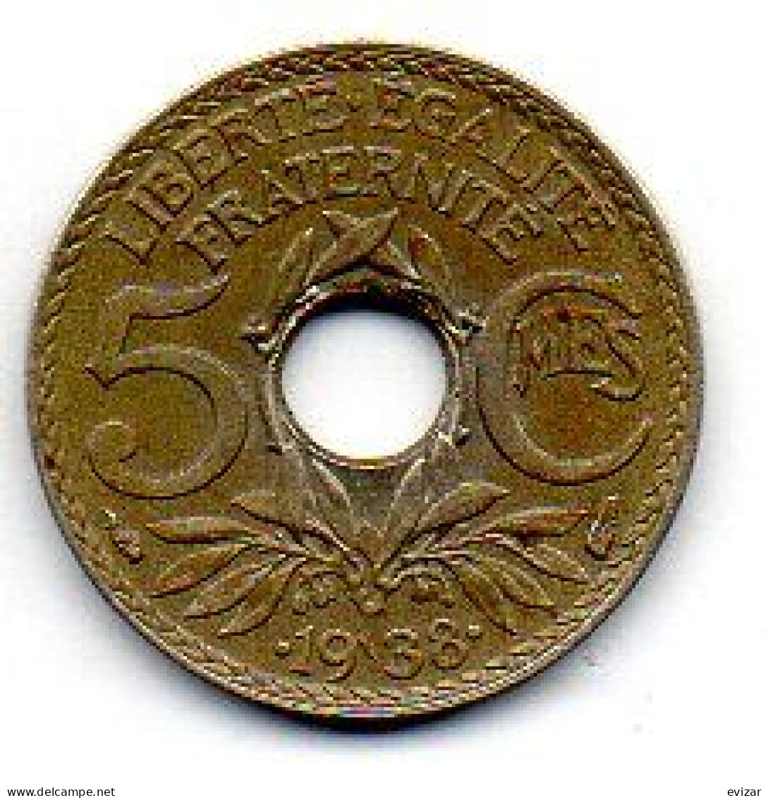 FRANCE, 5 Centimes, Nickel-Bronze, Year 1938, KM # 875a - 5 Centimes