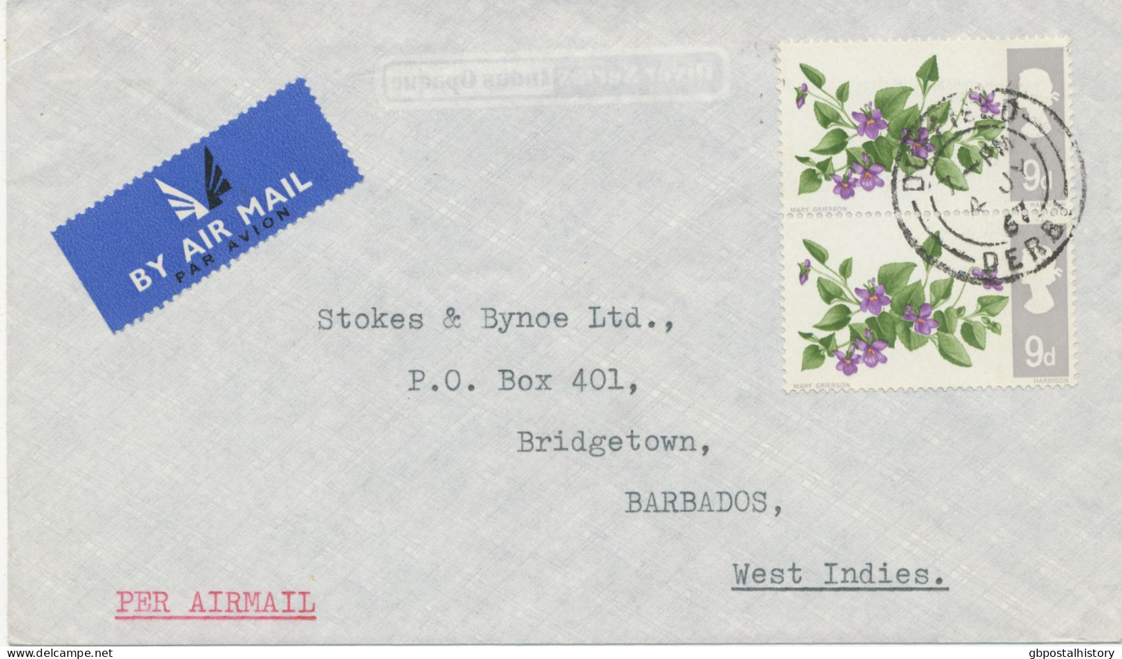 GB 1967, Flowers 9d (pair) Rare Multiple Postage On Air Mail Cover (Airmail Postage = 1sh6d) From “DUFFIELD / DERBY“ - Entiers Postaux