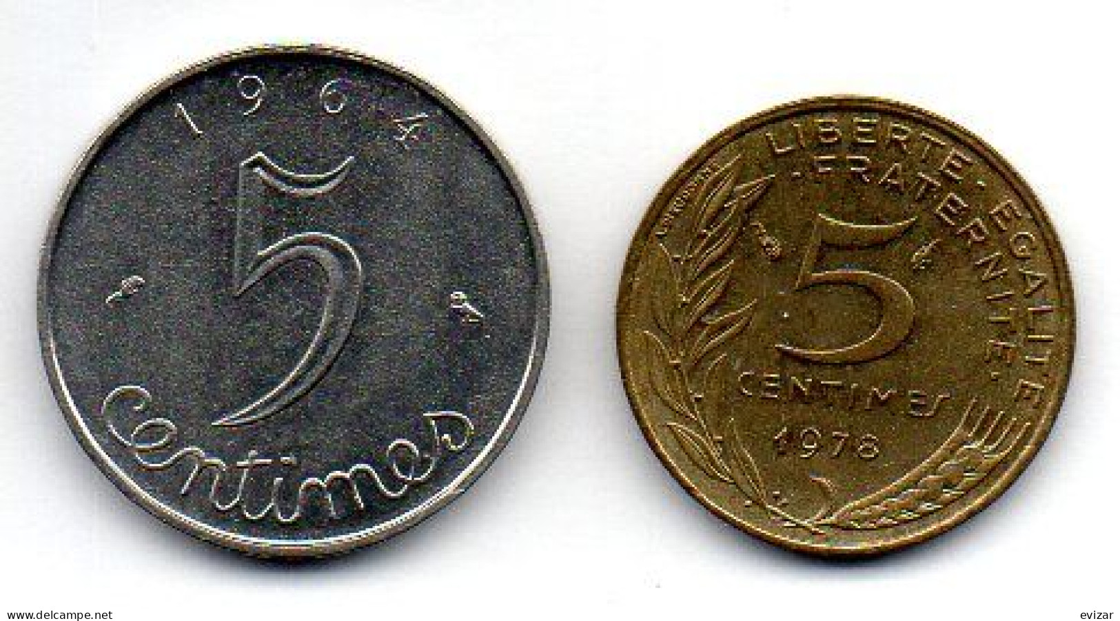 FRANCE, Set Of Two Coins 5 Centimes, Steel, Aluminum-Bronze, Year 1964, 1978, KM # 927, 933 - 5 Centimes