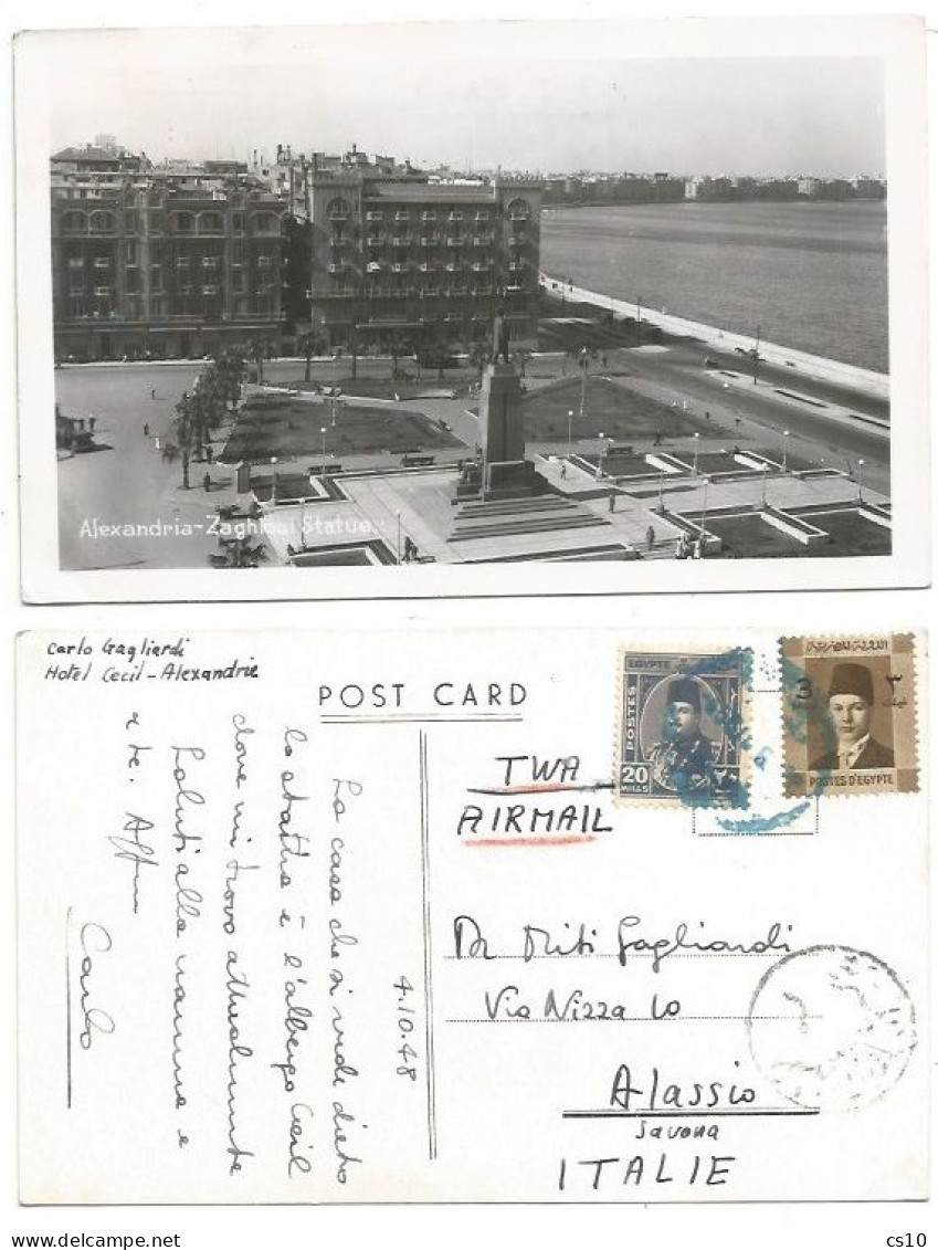 Egypt 4cot1948 Alexandria Zaghloul Statue B/w "By TWA" Airmail Pcard Used To Italy - Covers & Documents
