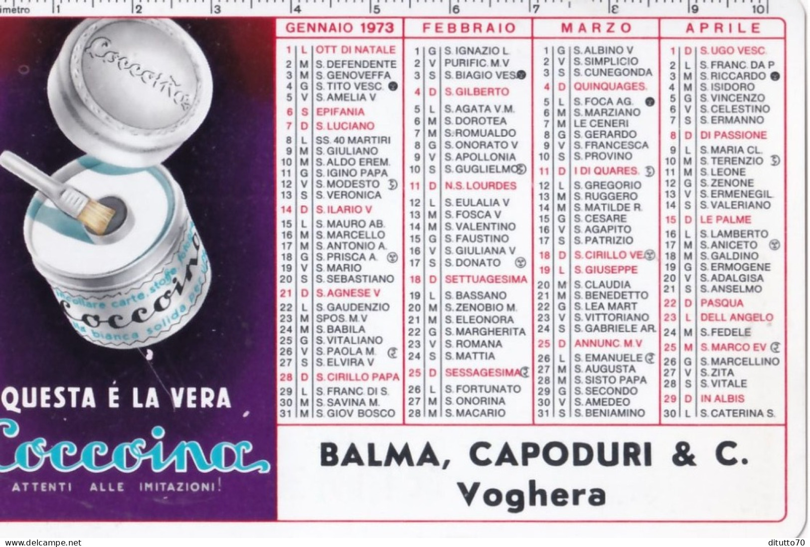Calendarietto - Coccoiana - Balma Capoduri E C. Voghera - Anno 1973 - Petit Format : 1971-80