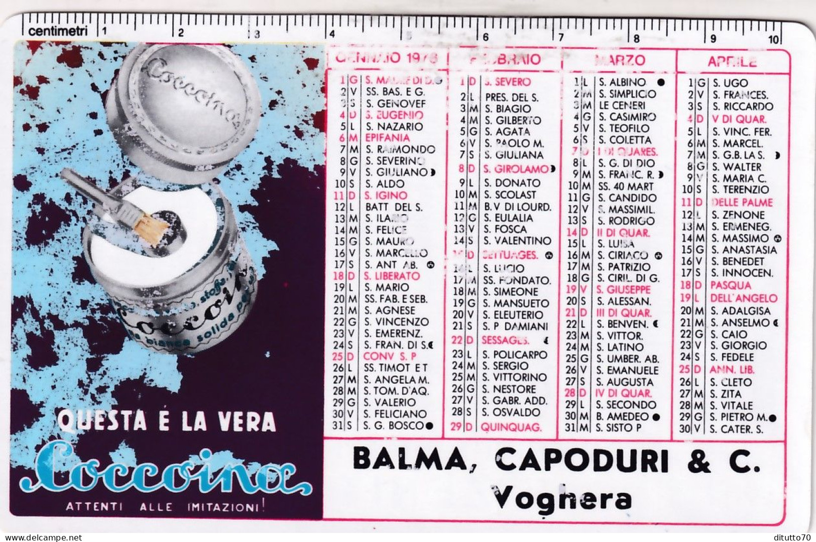 Calendarietto - Coccoiana - Balma Capoduri E C. Voghera - Anno 1976 - Petit Format : 1971-80