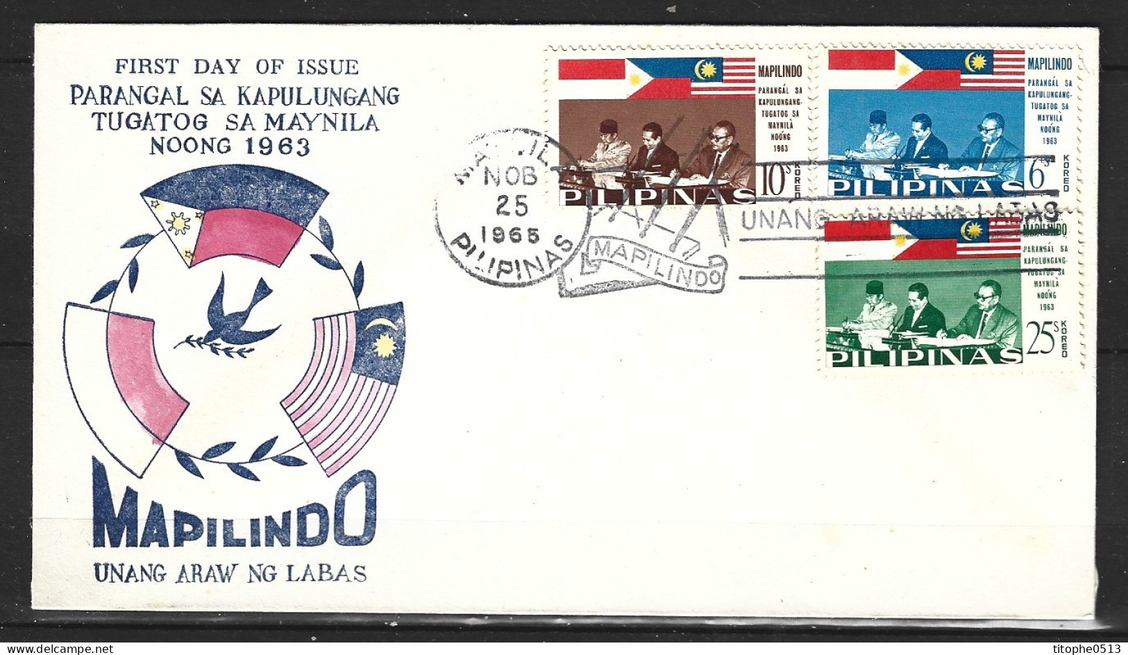 PHILIPPINES. N°630-2 De 1965 Sur Enveloppe 1er Jour. Traité Avec L'Indonésie Et La Malaisie. - Buste