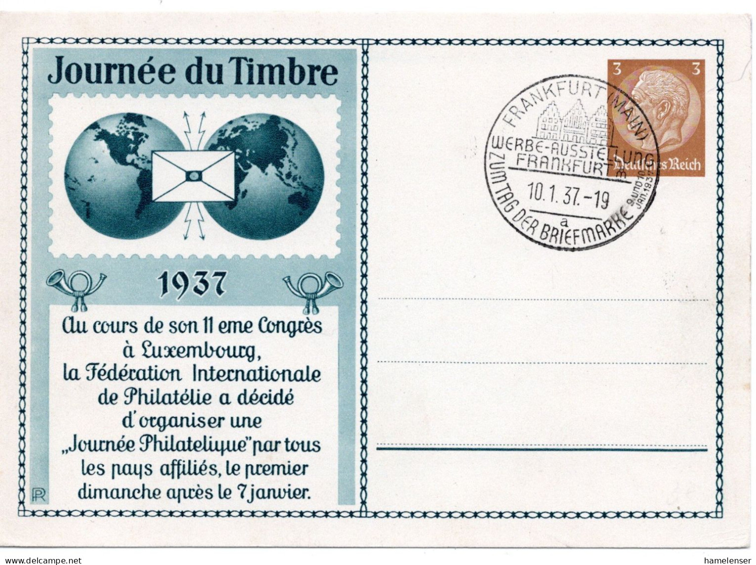 62152 - Deutsches Reich - 1937 - 3Pfg Hindenburg PGAKte "Tag Der Briefmarke" SoStpl FRANKFURT - TAG DER BRIEFMARKE - Giornata Del Francobollo