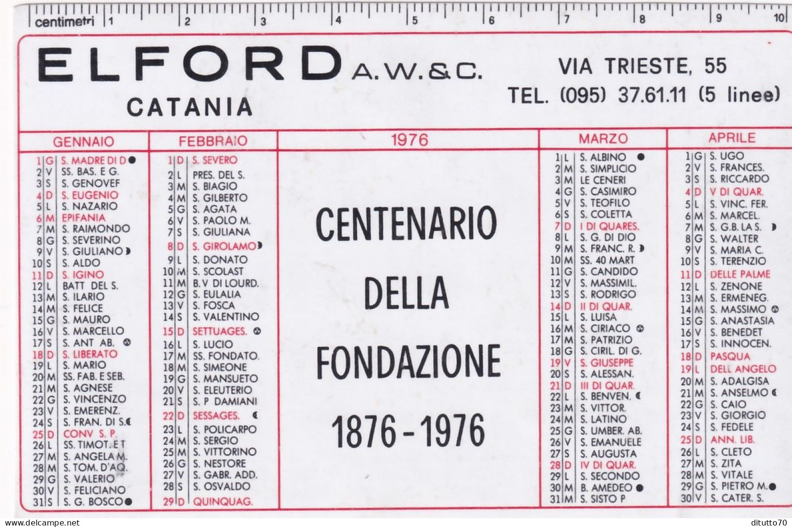 Calendarietto - Elford - Catania - Anno 1976 - Petit Format : 1971-80