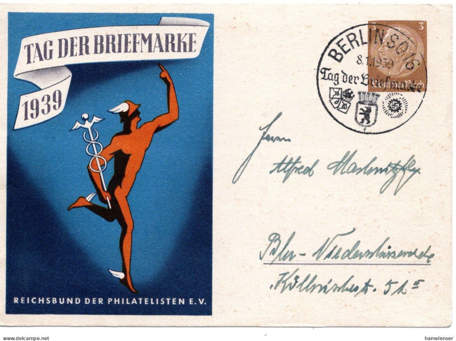 62155 - Deutsches Reich - 1939 - 3Pfg Hindenburg PGAKte "Tag Der Briefmarke" SoStpl BERLIN - TAG DER BRIEFMARKE - Giornata Del Francobollo