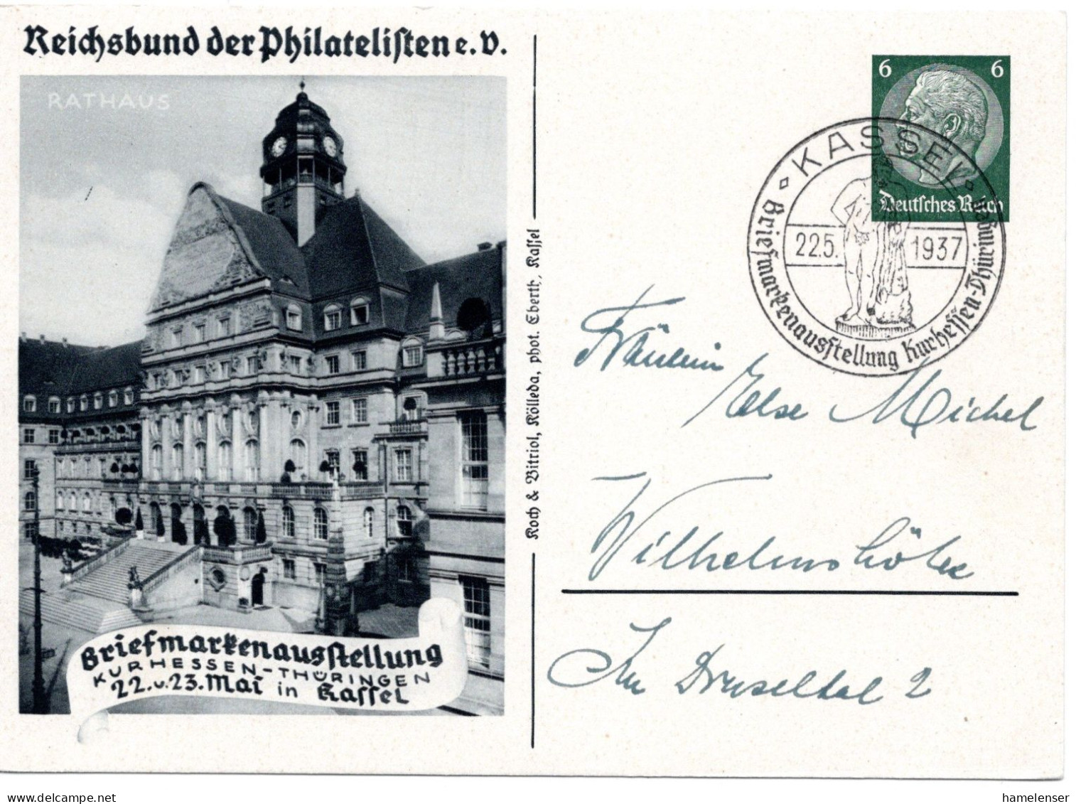 62156 - Deutsches Reich - 1937 - 6Pfg Hindenburg PGAKte "Briefmarkenausstellung" Als OrtsKte SoStpl KASSEL - ... - Expositions Philatéliques