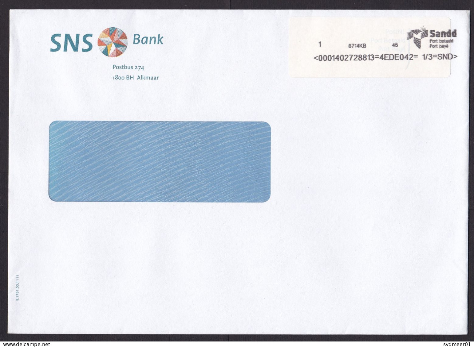 Netherlands: Cover, Postage Paid, Via Sandd, Private Postal Service, Sent By SNS Bank (minor Damage At Back) - Briefe U. Dokumente