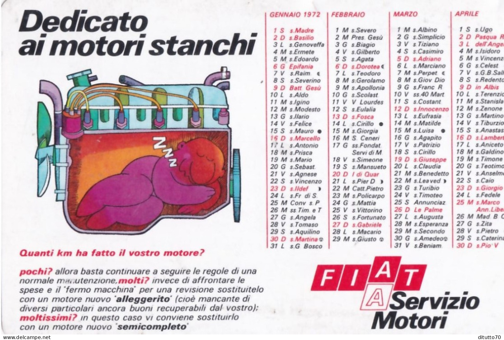 Calendarietto - Fiat A Servizio Motori - Anno 1972 - Petit Format : 1971-80