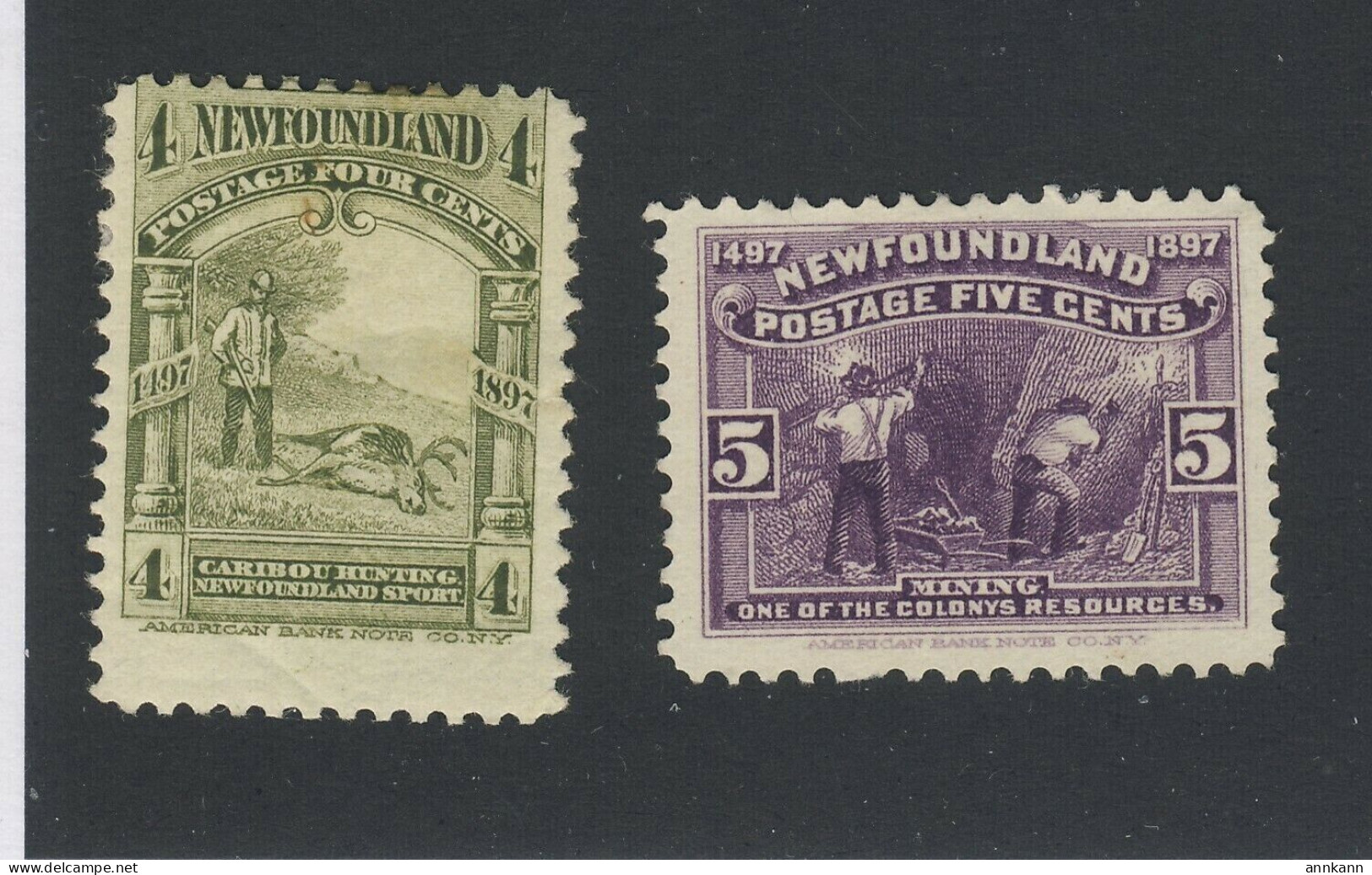 2x Newfoundland MH Stamps #64-4c Hunting F #65-5c Mining VF Guide Value = $23.00 - 1857-1861