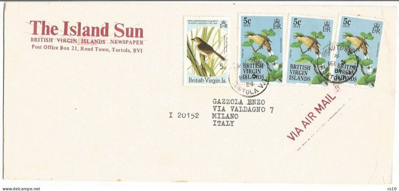 British Virgin Island BVI Birds Issue USCy 1985 C5x3+c20 + Audubon C5 On Open AirmailCV Tortola 5mar1986 X Italy - British Virgin Islands