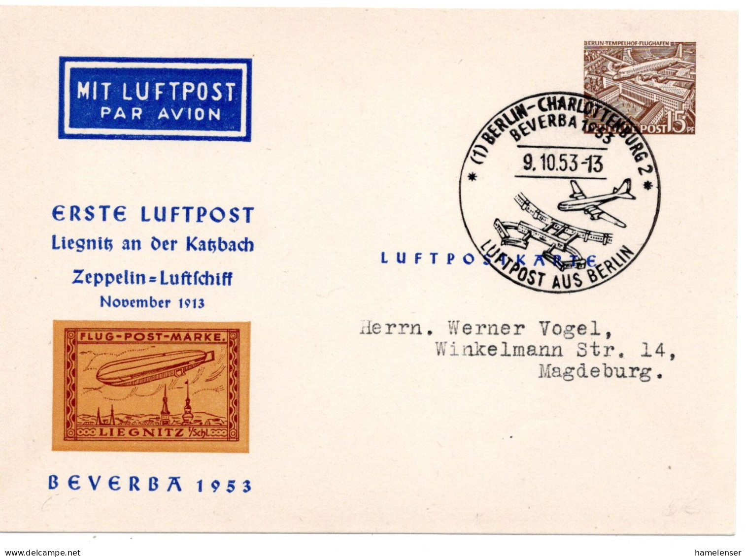 62160 - Berlin - 15Pfg Bauten I PGALpKte "Beverba '53" M SoStpl BERLIN - BEVERBA 1953 LUFTPOST AUS BERLIN -> DDR - Cartes Postales Privées - Oblitérées