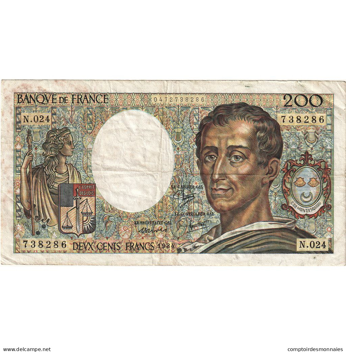 France, 200 Francs, Montesquieu, 1984, N.024, TTB, Fayette:70.04, KM:155a - 200 F 1981-1994 ''Montesquieu''