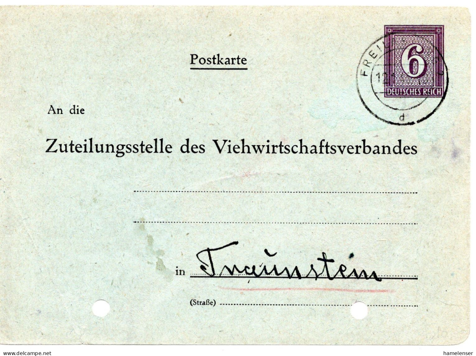 62161 - Deutsches Reich - 6Pfg Ziffer PGAKte "Fleischbeschau" (u Gelocht) FREILASSING -> Traunstein - Enteros Postales Privados