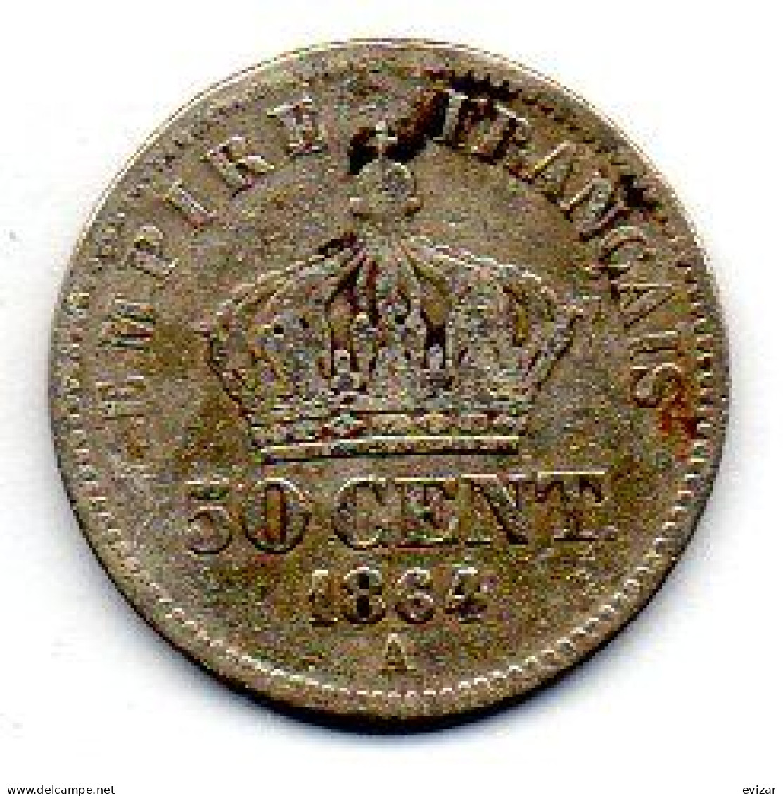 FRANCE, 50 Centimes, Silver, Year 1864-A, KM # 814.1 - 50 Centimes