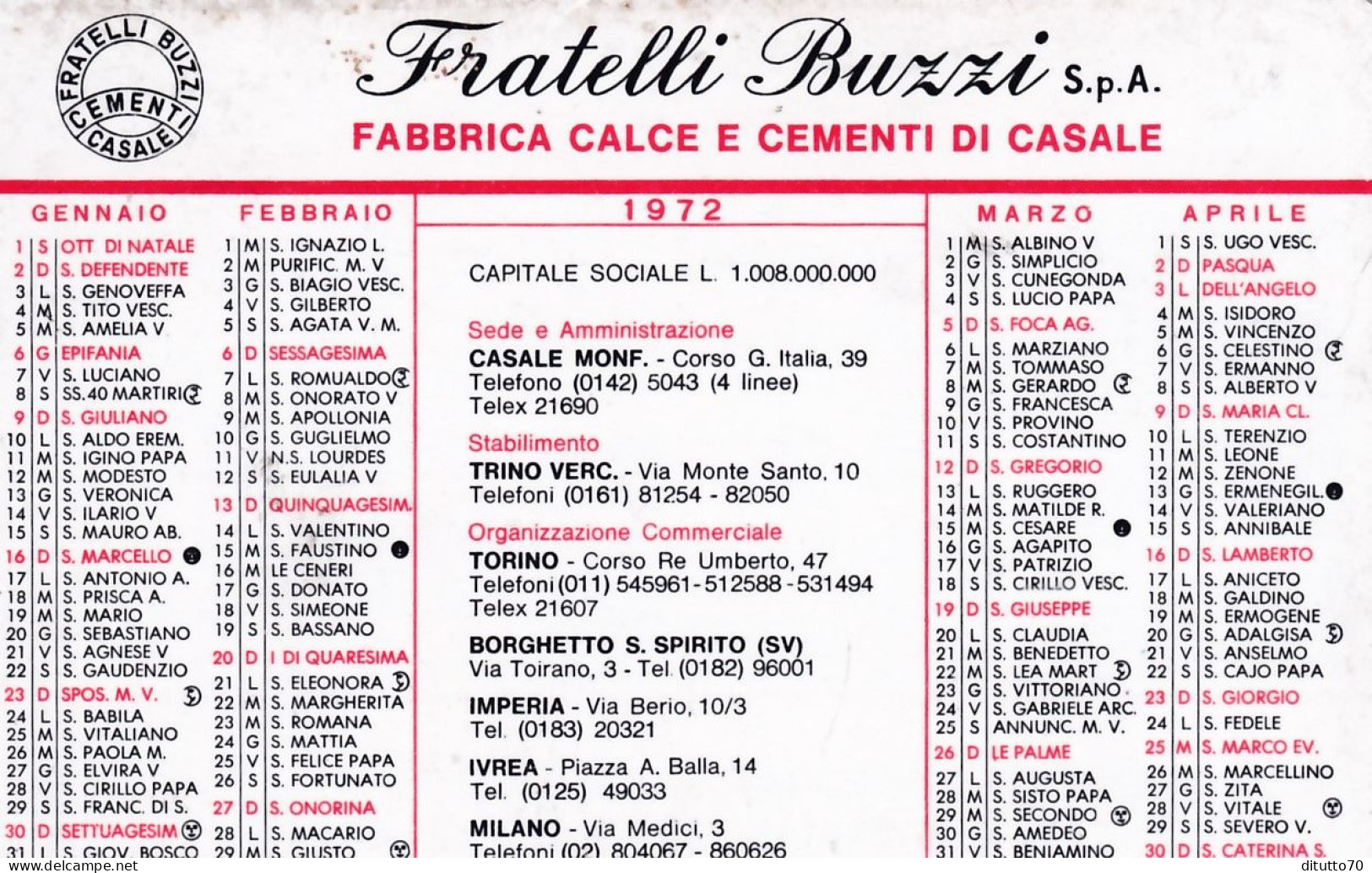 Calendarietto - Fratelli Buzzi S.p.a. - Fabbrica Calce E Cementi Di Casale - Anno 1972 - Petit Format : 1971-80