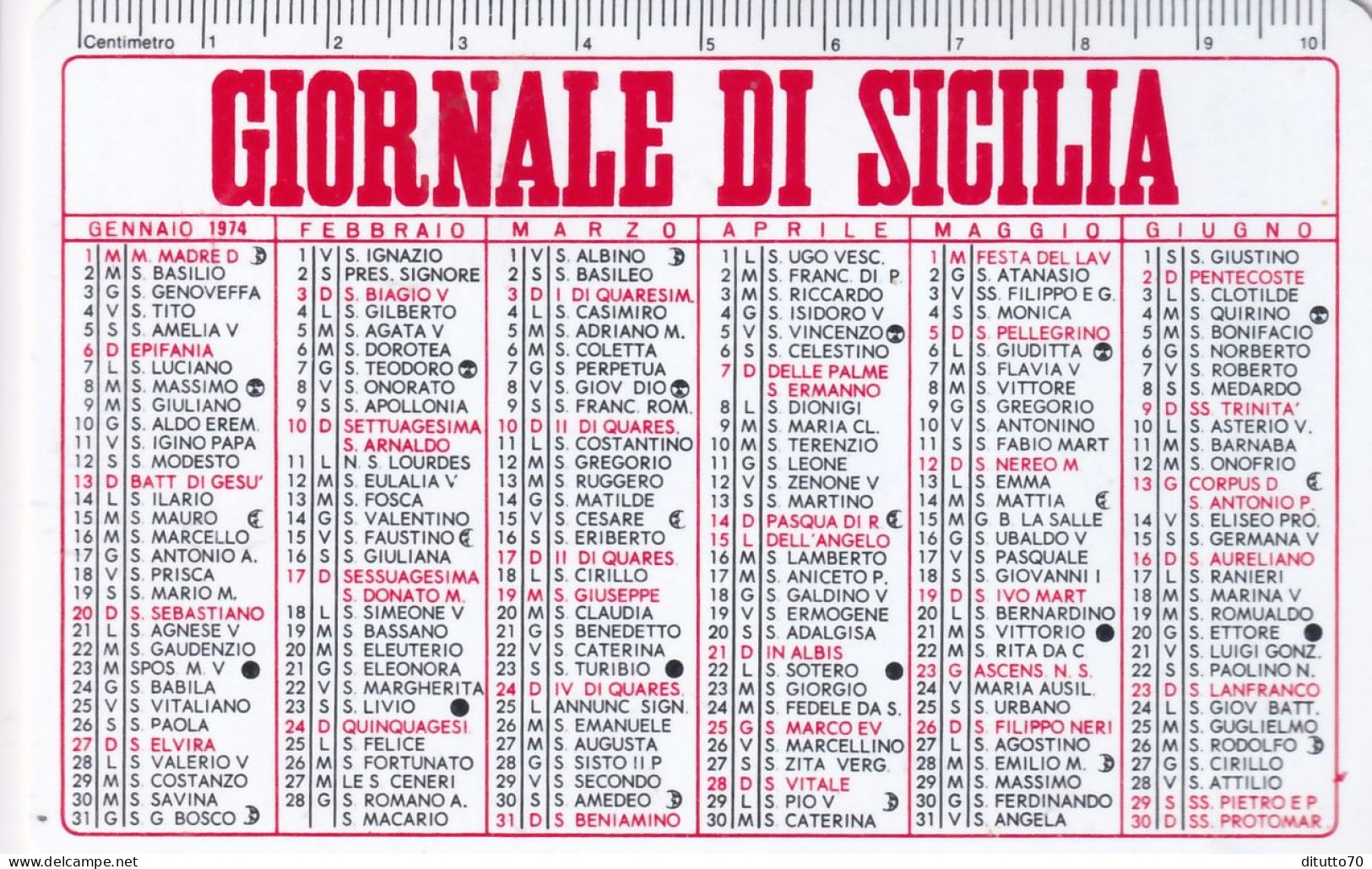 Calendarietto - Giornale Di Sicilia - Anno 1974 - Petit Format : 1971-80