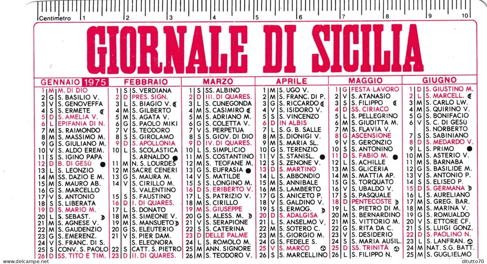 Calendarietto - Giornale Di Sicilia - Anno 1975 - Petit Format : 1971-80