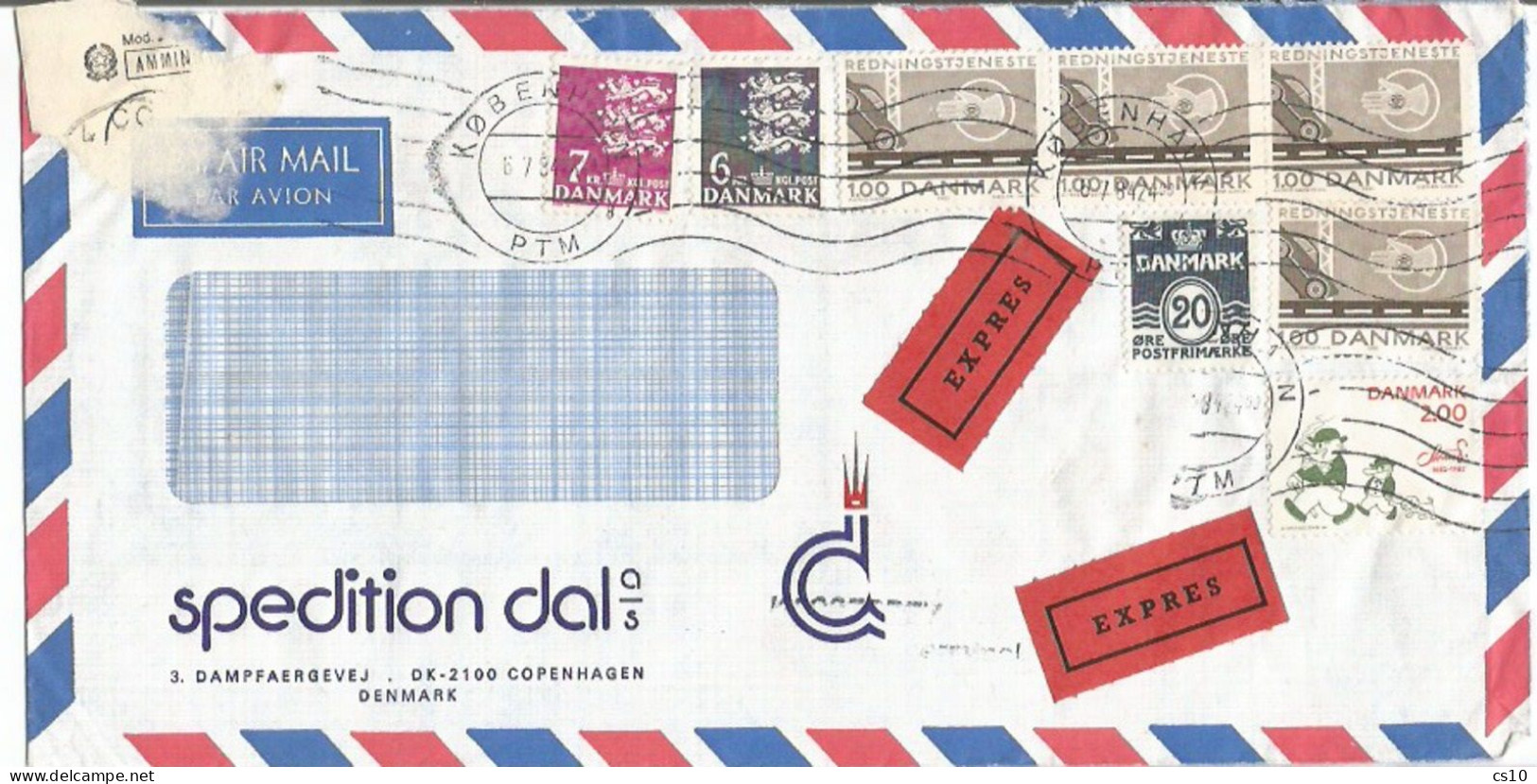 Danmark Airmail Express Sp. Delivery CV Kob 6jul1984 Rate Kr.19.20 In 8 Stamps + Label Delibvery Italy !! - Brieven En Documenten