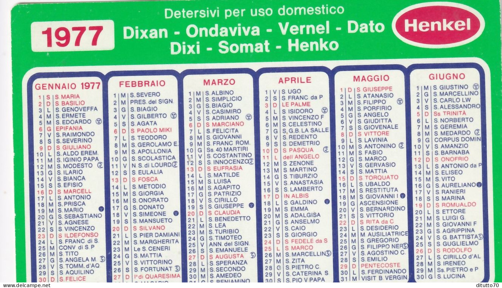 Calendarietto - Henkel - Dixan - Ondaviva - Vernel - Anno 1977 - Petit Format : 1971-80