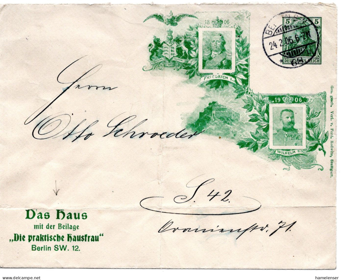 62166 - Deutsches Reich - 1906 - 5Pfg Germania PGAUmschlag "Wuerttemberg-Jubilaeum", Als OrtsBf BERLIN, Le Senkr Bug - Buste