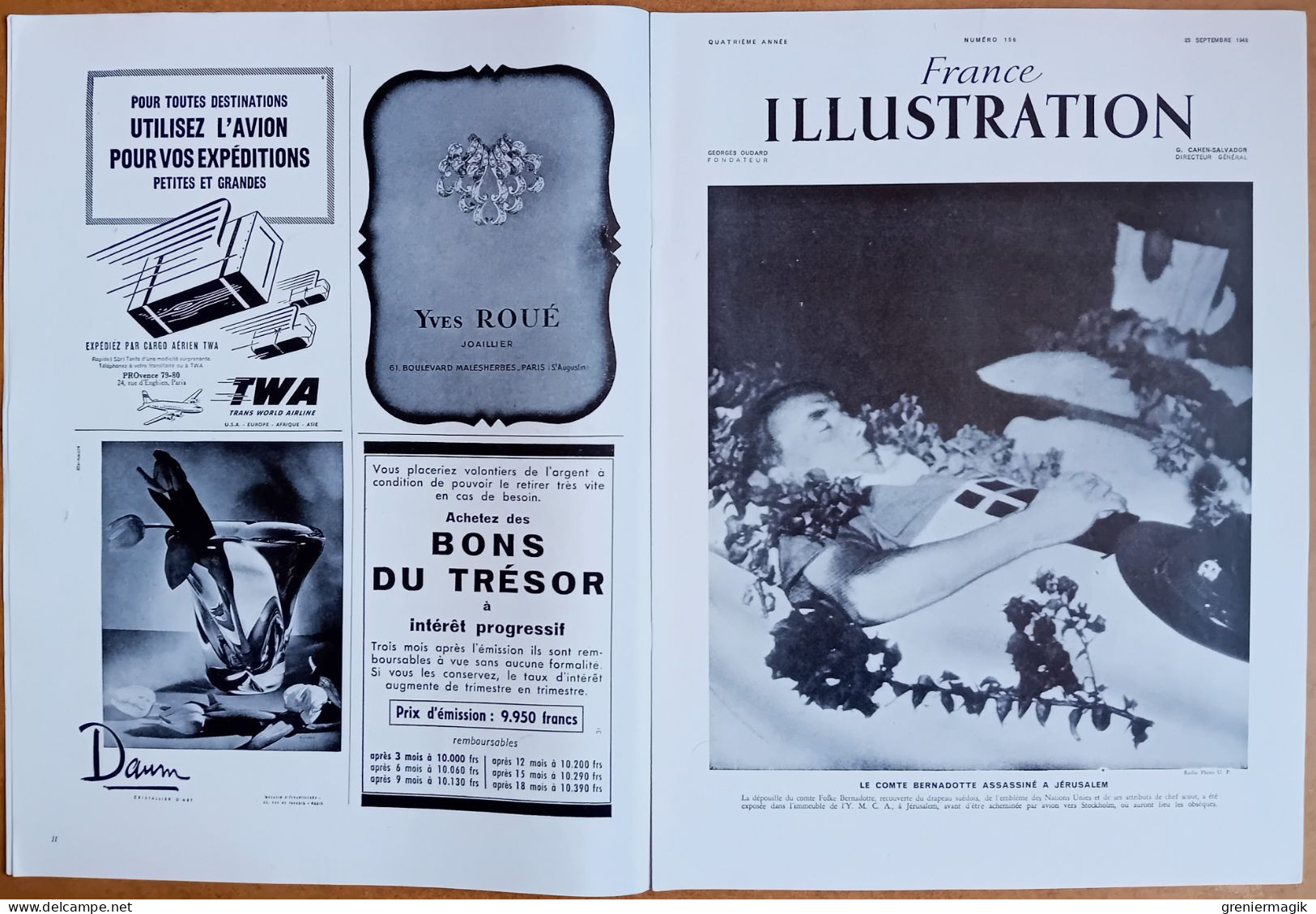 France Illustration 156 25/09/1948 Berlin/Comte Bernadotte Assassiné à Jérusalem/Hyderabad/Espagne/Préhistoire/Textiles - Informations Générales