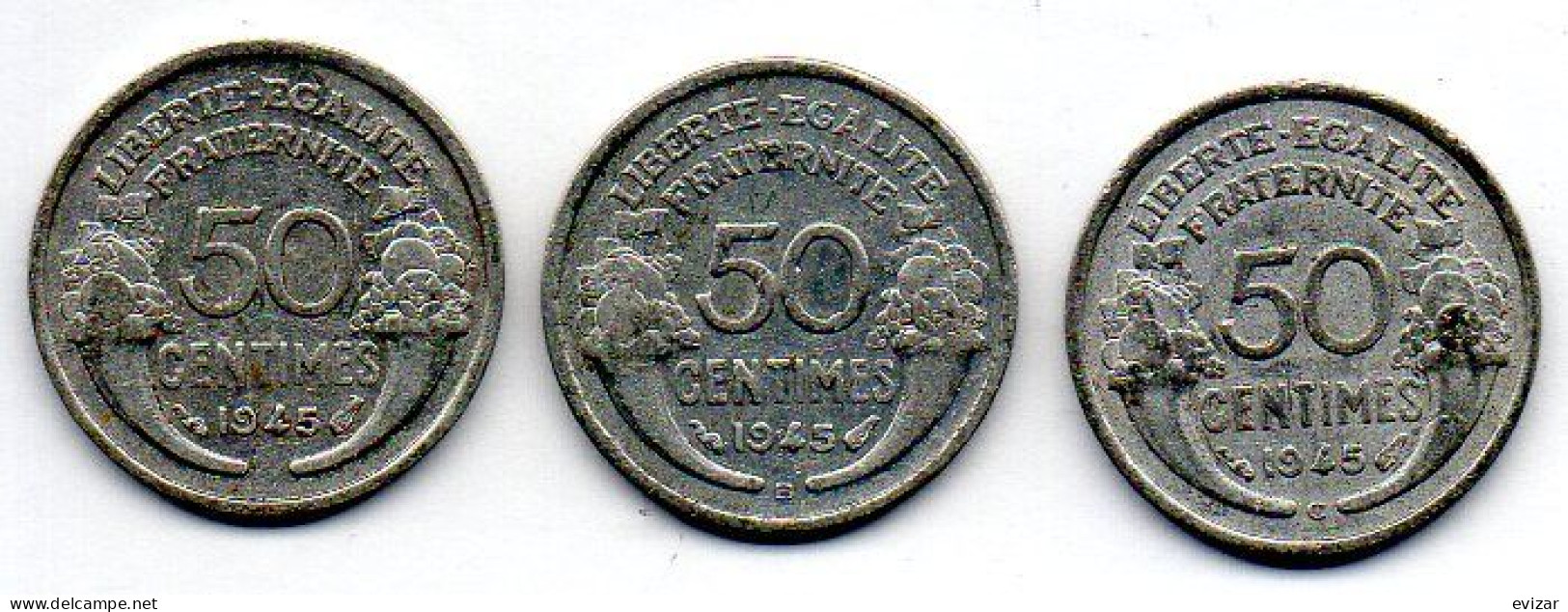 FRANCE, Set Of Three Coins 50 Centimes, Aluminum, Year 1945, 1945-B, 1945-C, KM # 894.1a, 894.2a, 894.3a - 50 Centimes