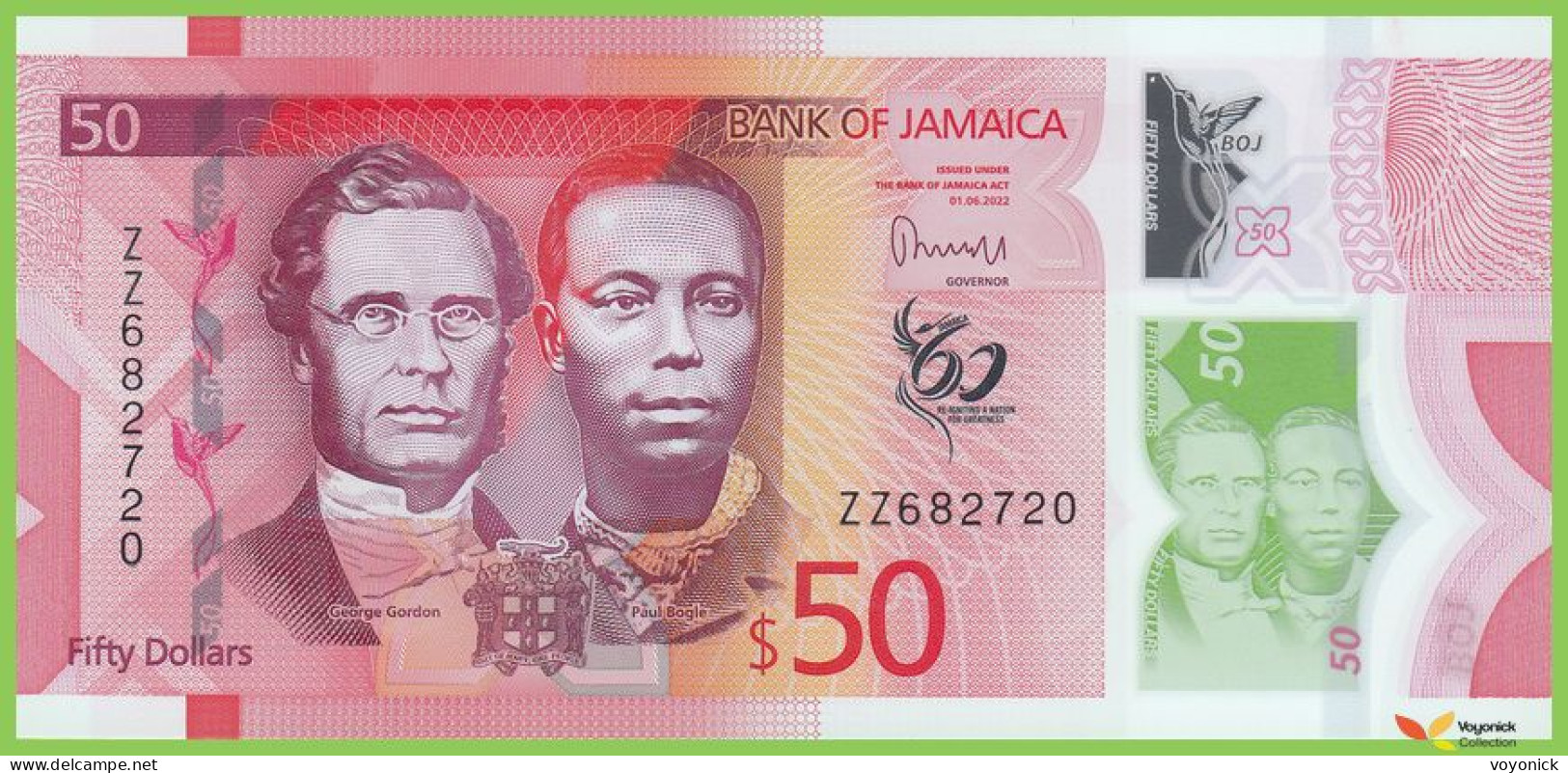 Voyo JAMAICA 50 Dollars 2022(2023) P96r B251az ZZ UNC Polymer Replacement - Jamaique