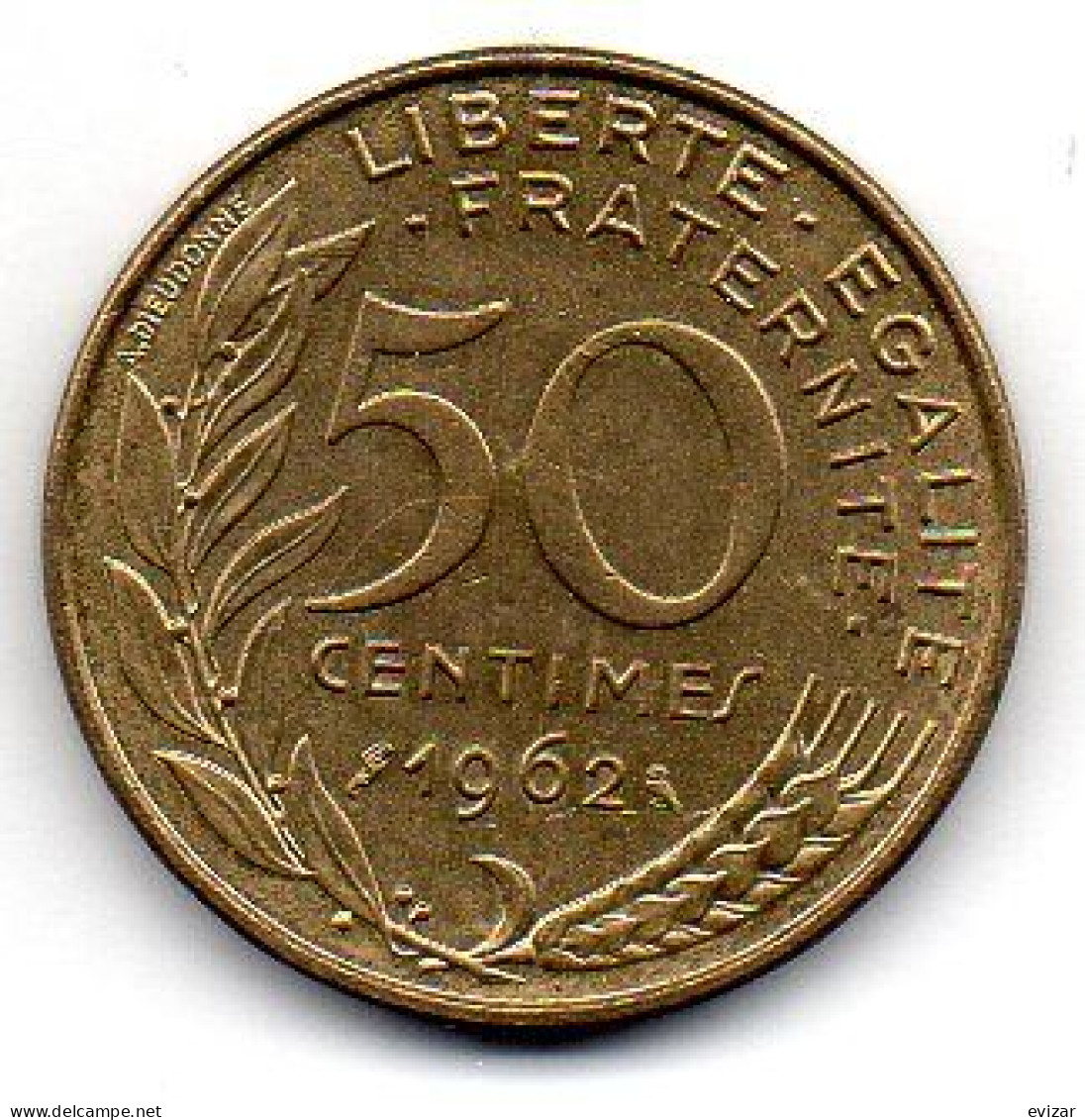 FRANCE, 50 Centimes, Aluminum-Bronze, Year 1962, KM # 939.1 - 50 Centimes