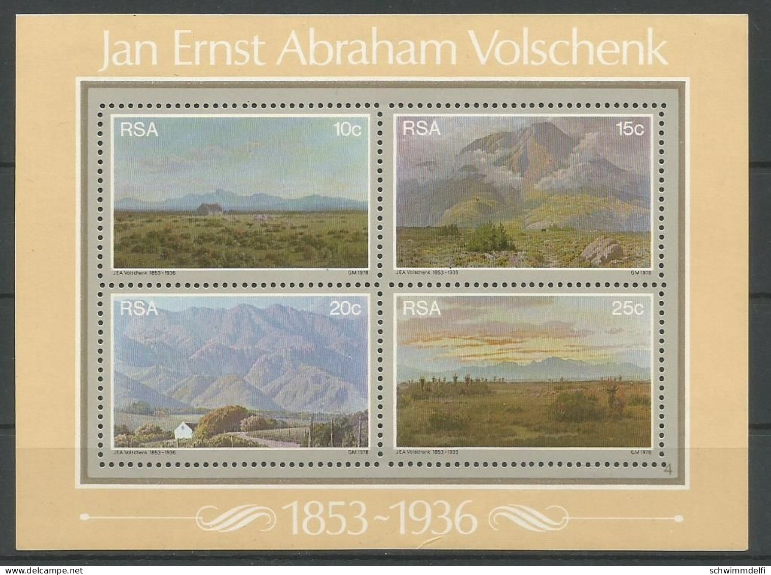 RSA - REPÚBLICA DE ÁFRICA DEL SUR - 1978 - BLOQUE DE PINTURAS DEL PINTOR JAN ERNST ABRAHAM VOLSCHENK - MNH - Ongebruikt