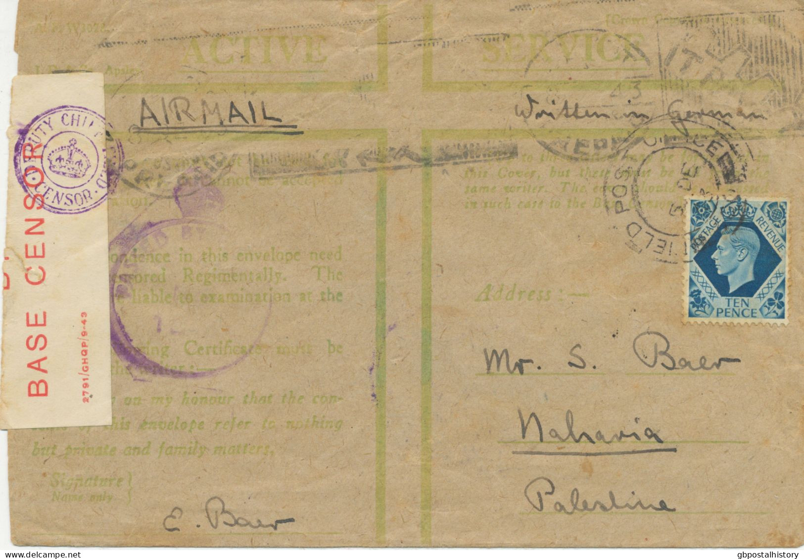 GB 1943, Active Service Air Mail With GVI 10d (reduced Forces Rate) Tied By CDS „FIELD POST OFFICE / 629“ (Nola, Italy) - Entiers Postaux